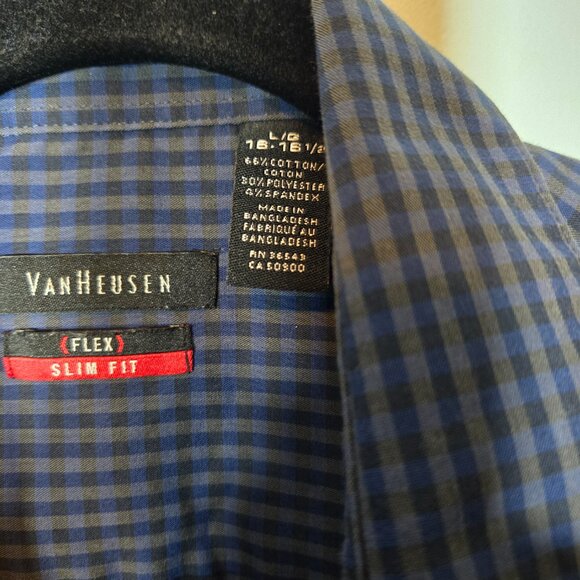 Men's VAN HEUSEN FLEX NO-IRON STRETCH DRESS SHIRT LARGE 18-18.5 Dark Blue Check - Picture 6 of 7
